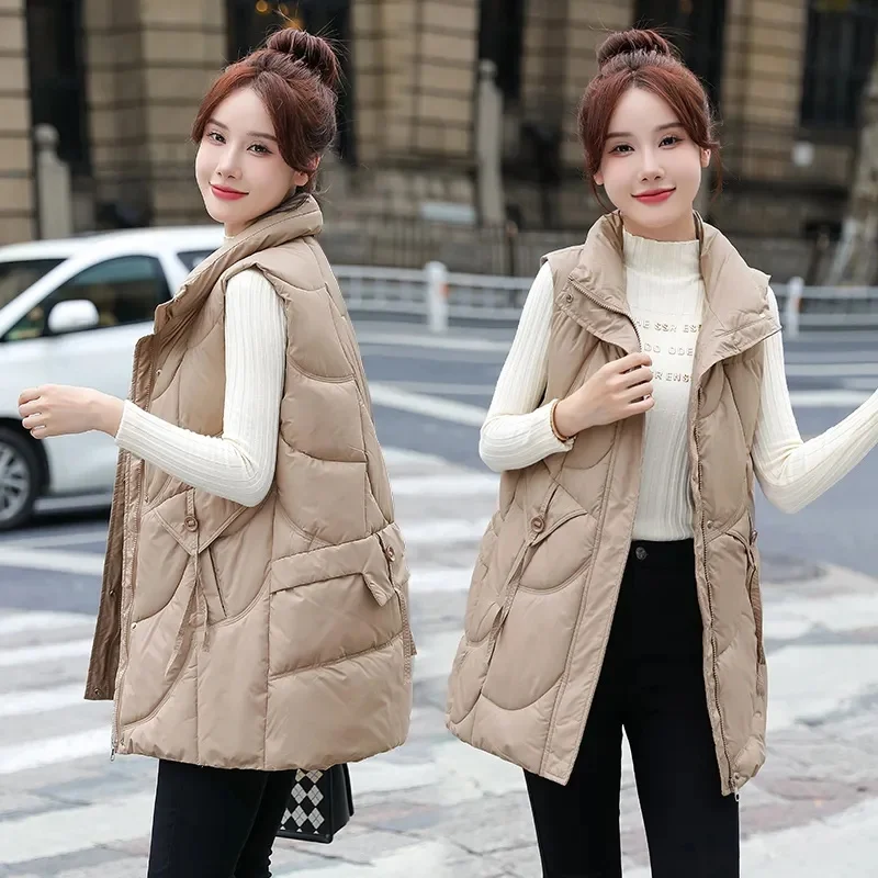 

2023 Autumn Winter Eiderdown Cotton Vest Jacket Women's Long Casual Sleeveless Jacket Stand Collar Loose Padded Waistcoat Ladies