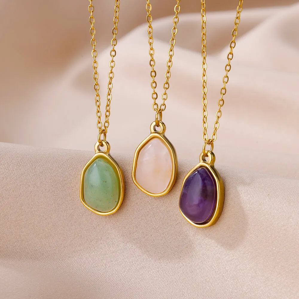Fashion Oval Opal Pendant Necklace Stainless Steel Chain 18 K Gold Color Cute Lucky Jewelry For Women Accesorios Birthday Gift 2