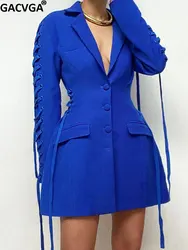 GACVGA Elegant Women Blazer Coat 2023 Autumn Winter Fashion Notched Long Sleeve Bandage Slim Casual Style Suit Jackets
