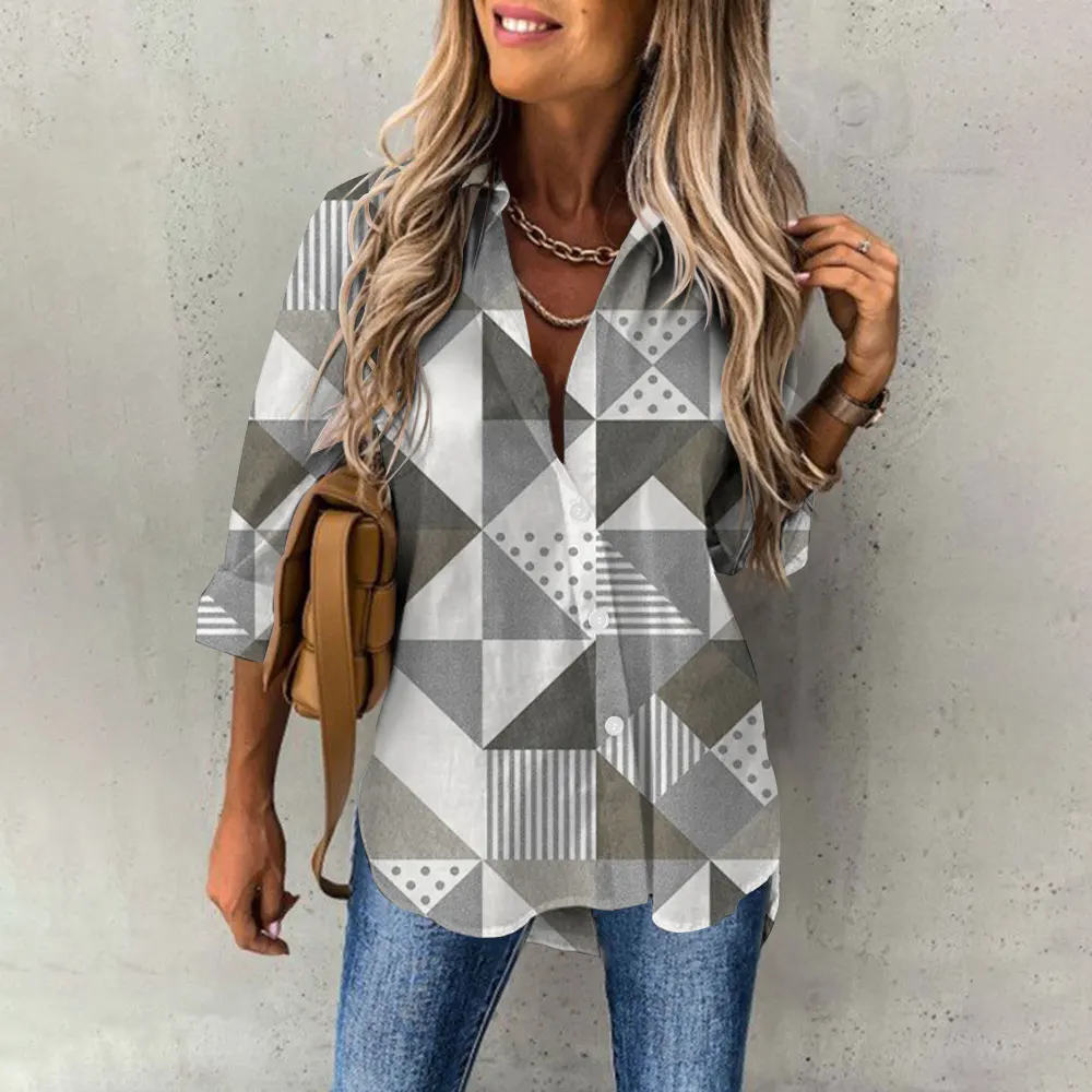 Women\'s shirts & blouses Geometric figure 3D Printing Elegant women blouses Fashion Long-sleeved Female clothing Tops camisa
