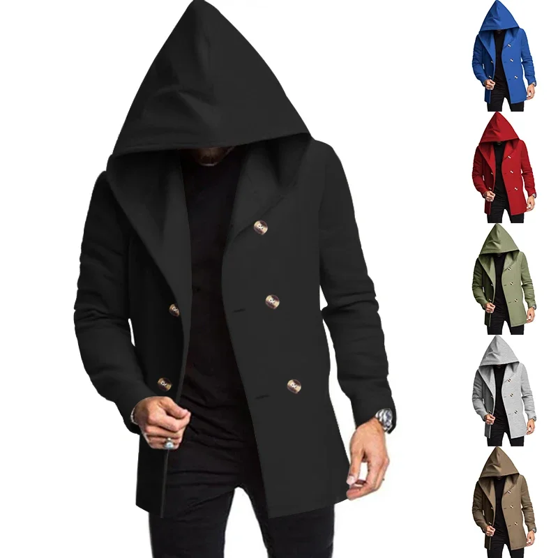 Men's Windbreaker Spring and Autum Double Row Solid Color Casual Men's Mid-Length Outwear Jacket