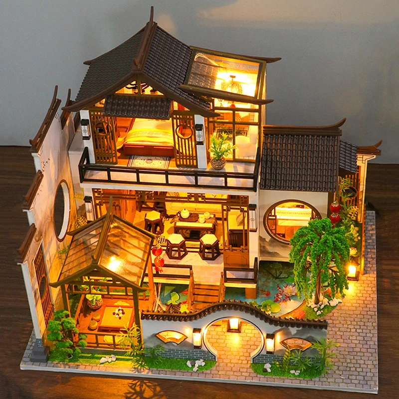 NEW DIY Wooden Doll Houses Japanese Ancient Casa Miniature Building Kits with Furniture Led Dollhouse for Adults Christmas Gifts 3