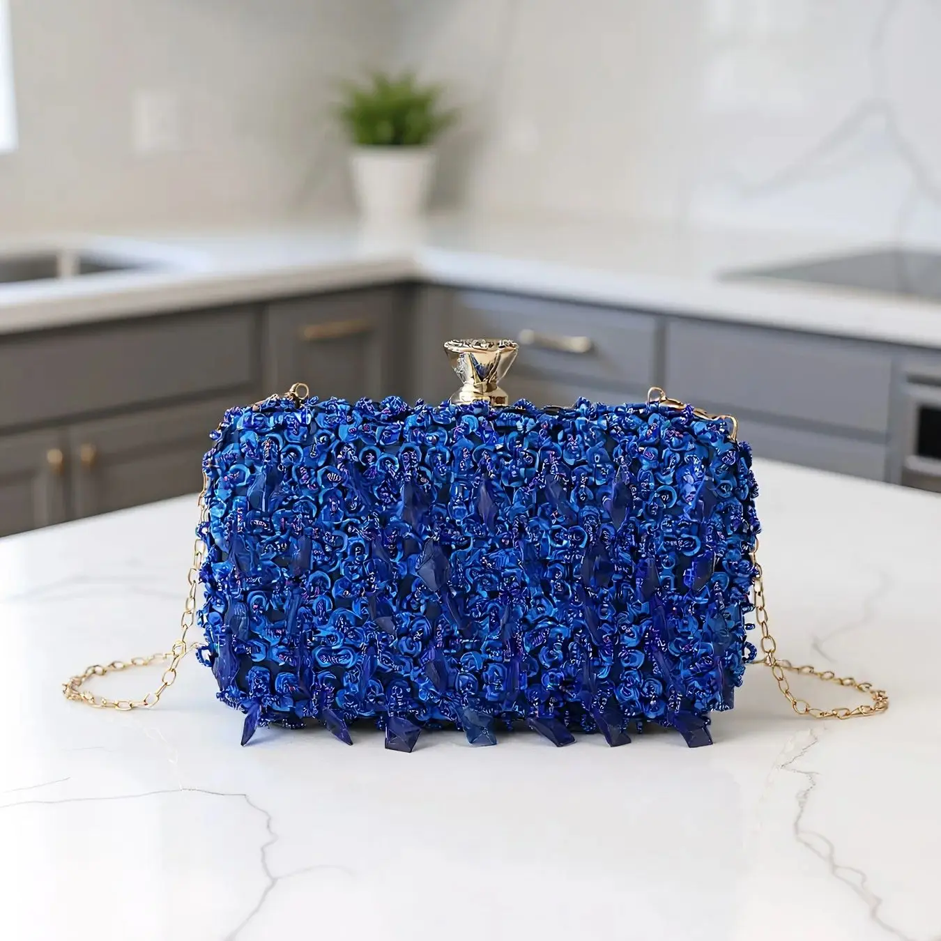 Sky Blue Embroidery Clutch Evening Bag with Acrylic Beading
