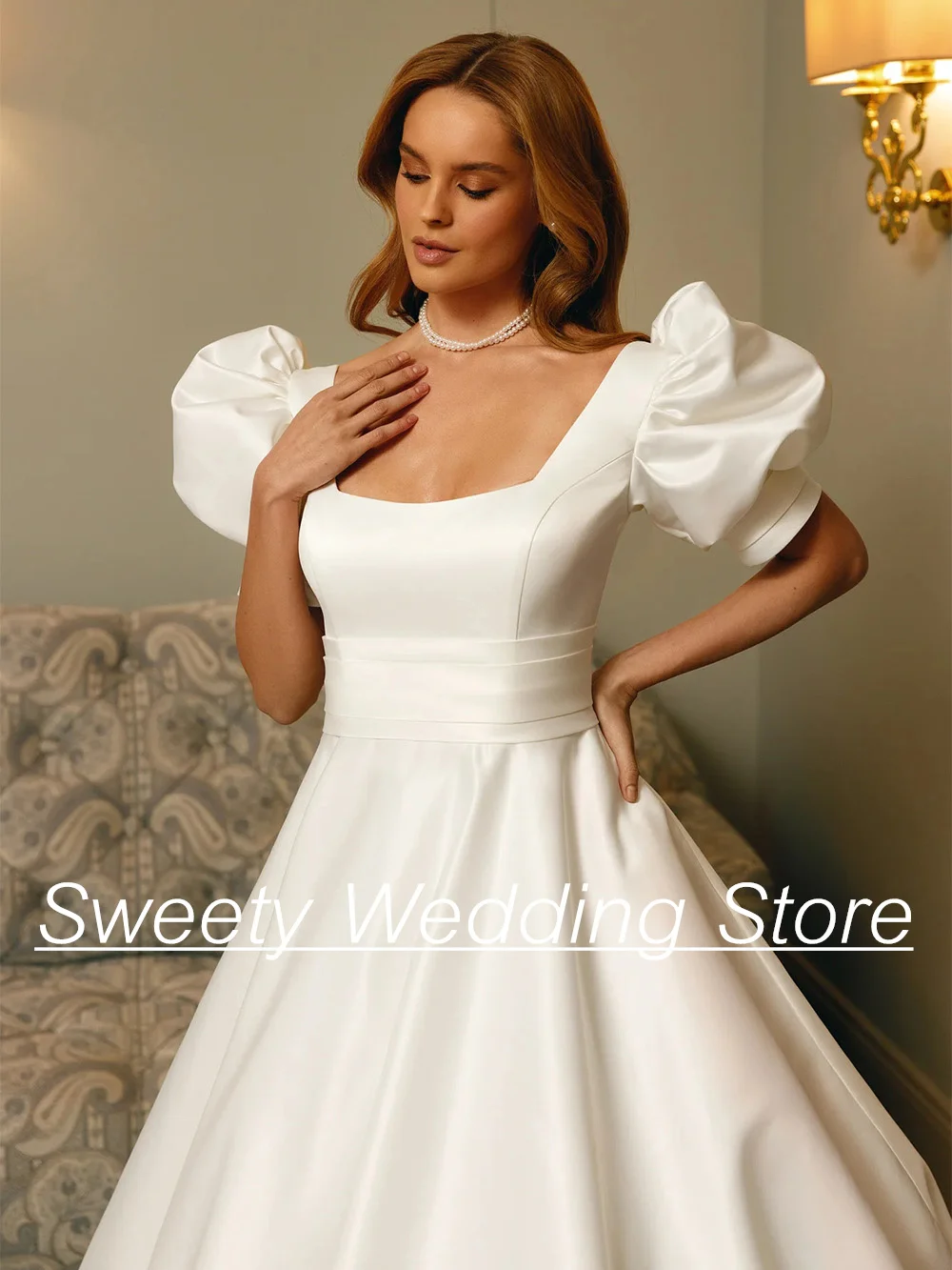 Princess Wedding Dresses Short Sleeves Square Neck Pleat Belt Pocket Bride Dress A Line Satin Bridal Gown Back Zipper Buttons 3