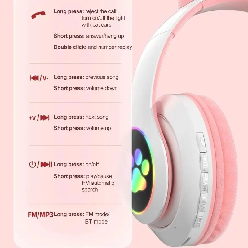 Adorable LED Light-Up Wireless Cat Ear Headphones - Pink Stereo Bluetooth Headset