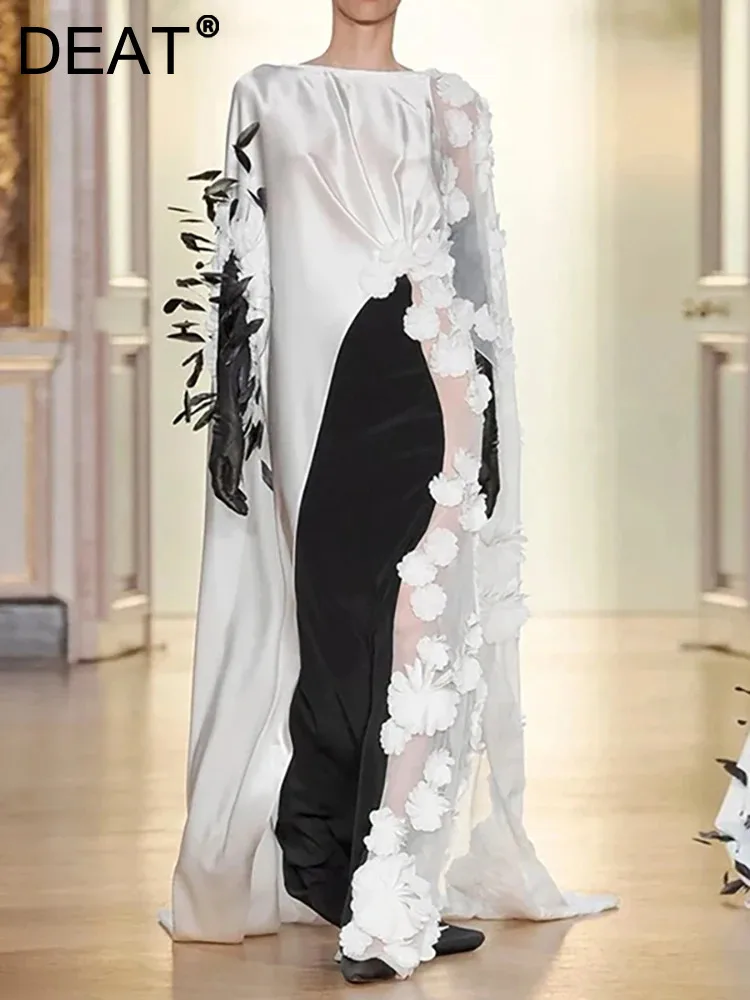 

DEAT Women's Fashion Wedding Dress O-neck Shawl Backless Spliced 3D Flower Elegant High-end Dresses Summer 2023 New 13DB3912