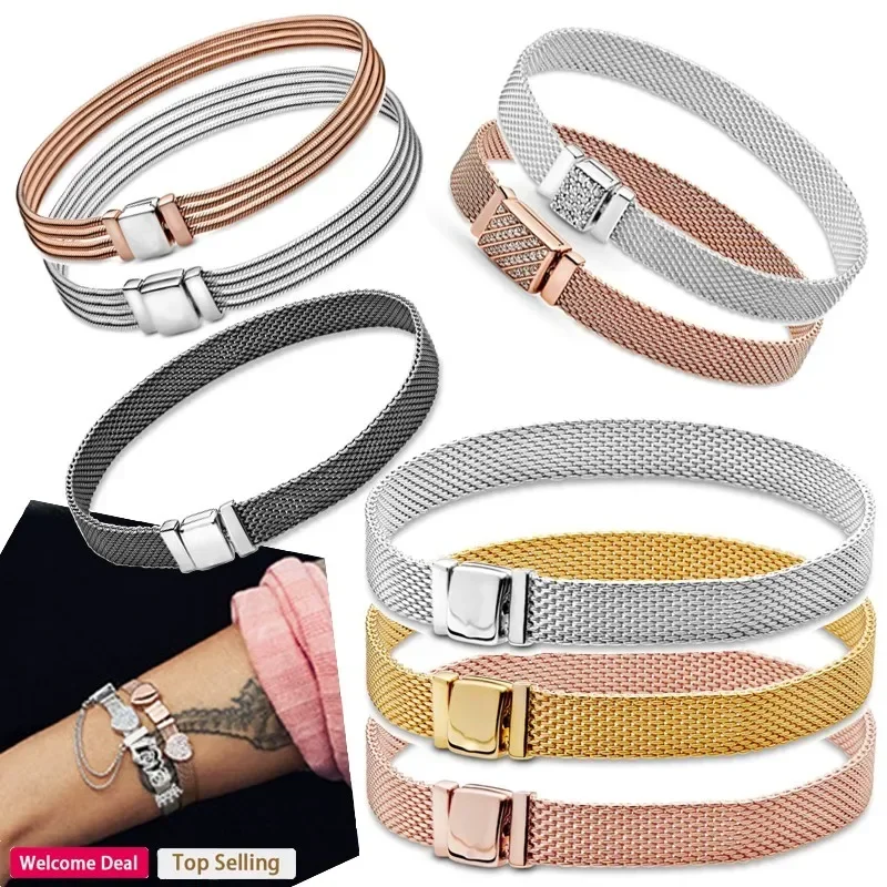 

Popular 925 Silver Women's Reflexions Series Woven Mesh Logo Multi Loop Bracelet for Original Pandora Charm DIY Jewelry