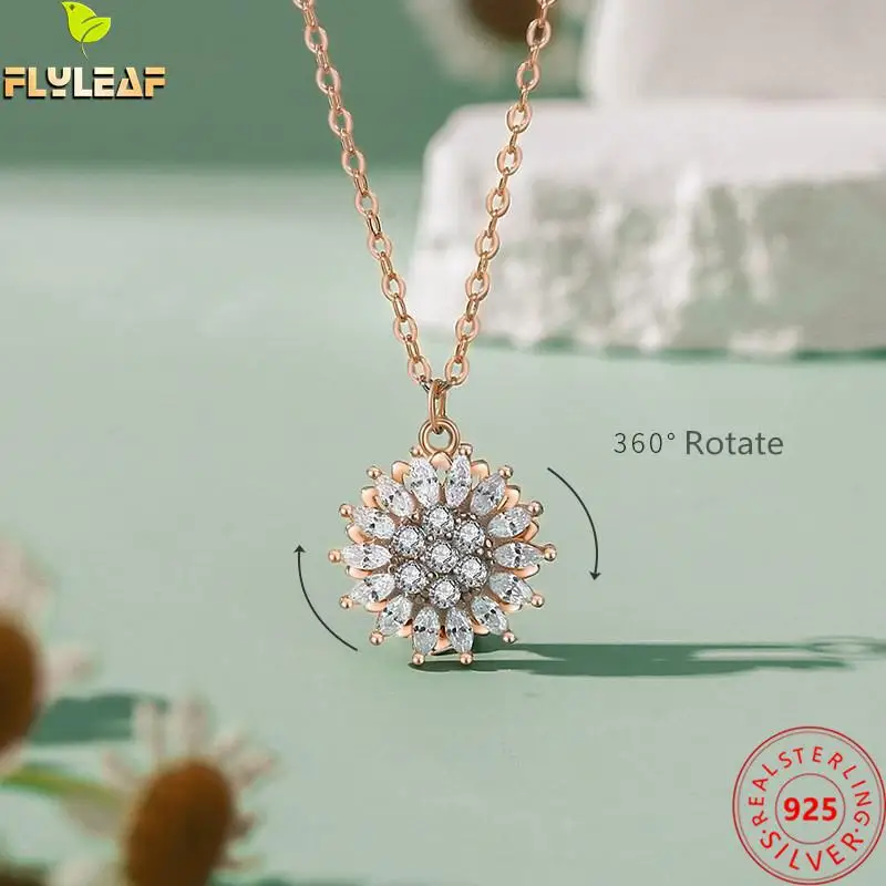 Real 925 Sterling Silver Jewelry Rotating Sunflower Pendant Necklace