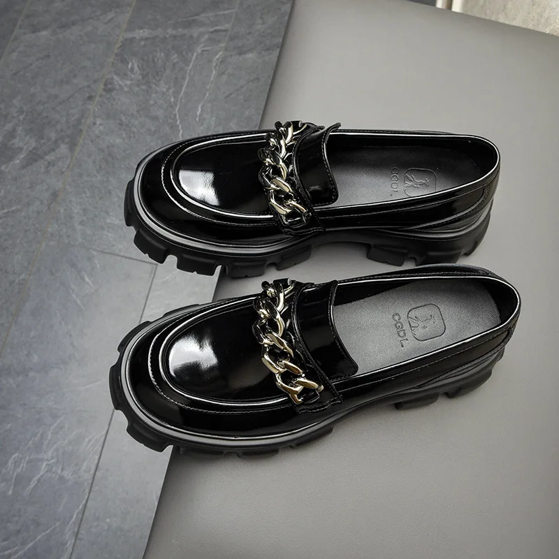 Gear Thick Sole Increasing Chain Glossy Genuine Leather Shoes Men Streetwear Fashion Business Casual Cowhide Loafers Shoes