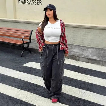 Plus Size Women's Jeans High Waist Wide Leg Denim Pants Black Distressed Denim Trousers Cotton Curvy Plus Size Jeans Pants