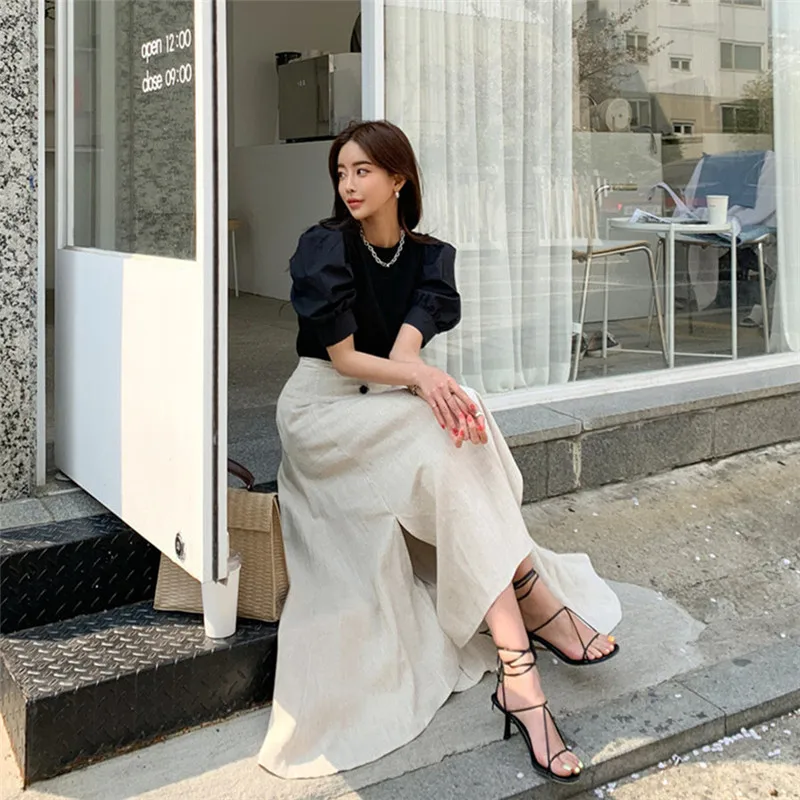 denim skirt HziriP High Waist Skirts Womens 2021 New Summer OL Elegant Vintage Stylish Solid Cotton Linen A-Line Irregular Split Long Skirt skirt top