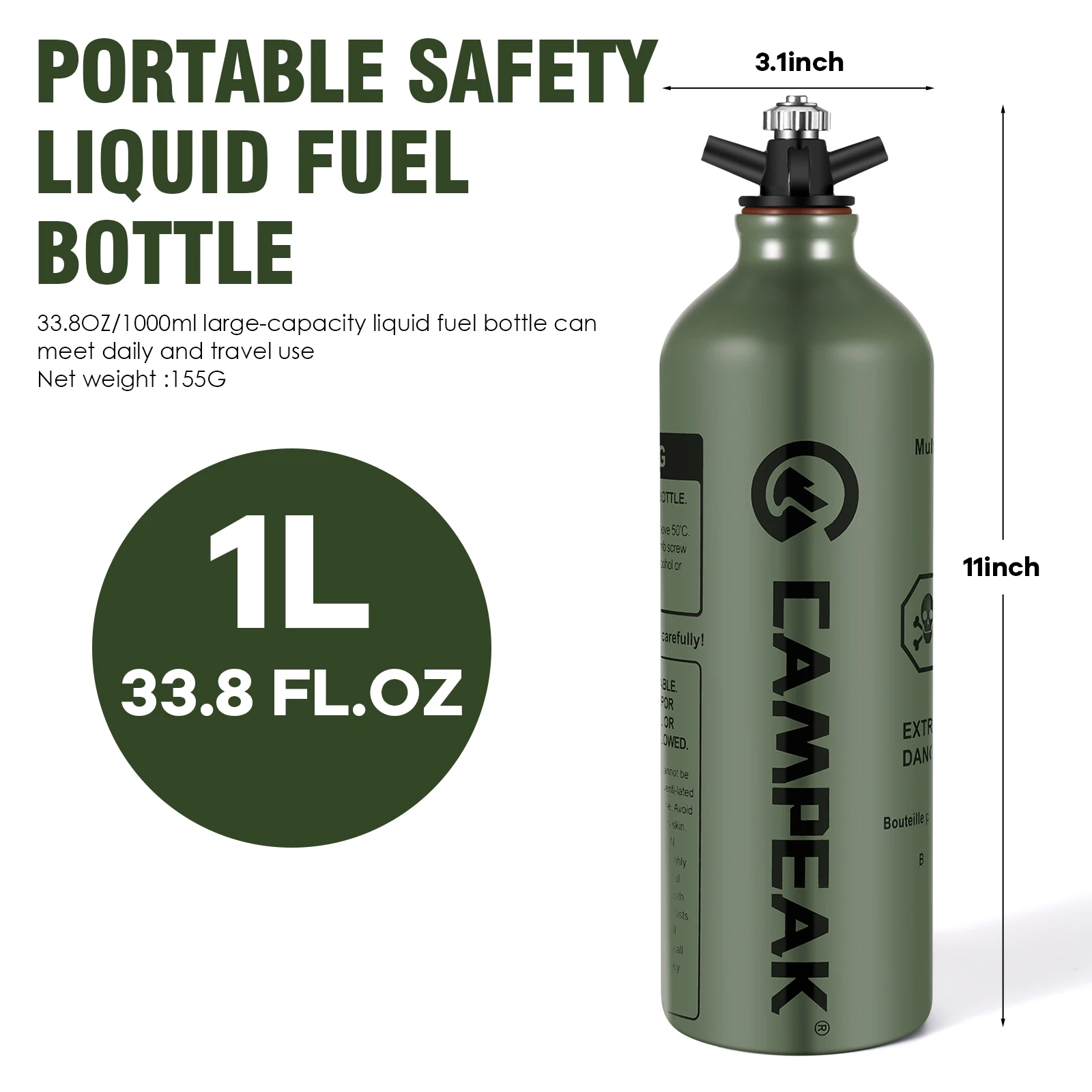 Liquid Fuel Bottle CAMPEAK 0.5L/ 1L for Outdoor Camping with Safety Valve
