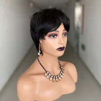 Perruque courte coupe lutin cheveux humains prêt à porter perruques de cheveux humains brésiliens pour les femmes couleur noire pleine Machine perruques droites courtes 5