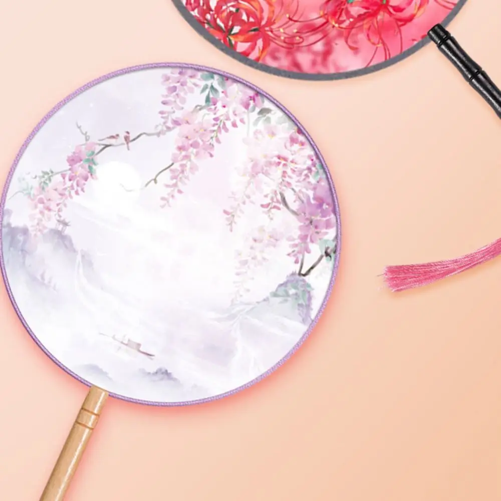 Hand Fan Chinese Style Round Hand Fan Ink Painting Ancient Dance Silk Fan Tassel Long Handle Embroidery for Hanfu