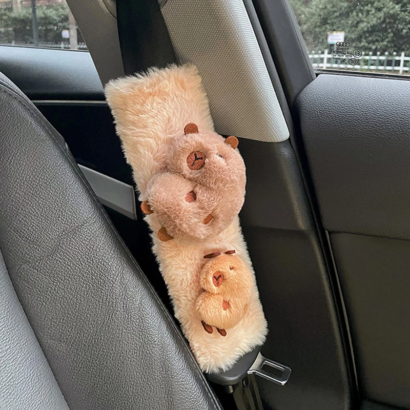 Soft Plush Capybara Car Seat Belt Cover Warm Cartoon Seat Belt Shoulder Pad Kawaii Comfortable Protector Car-styling