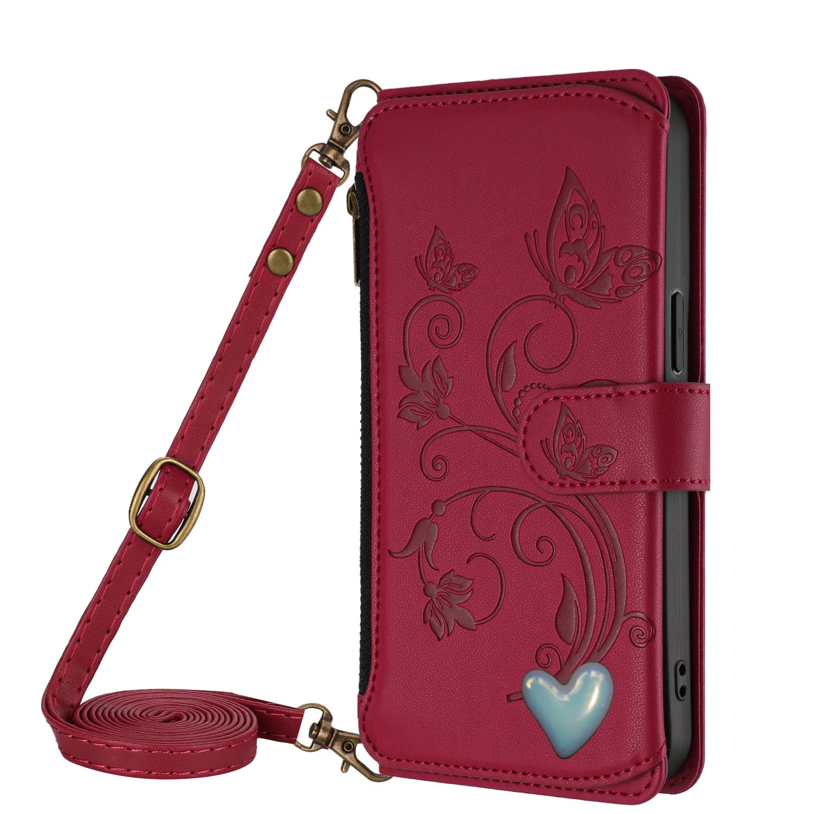 Elegant Crossbody Lanyard Flip Case Leather Wallet Cover with 5 Card Slots