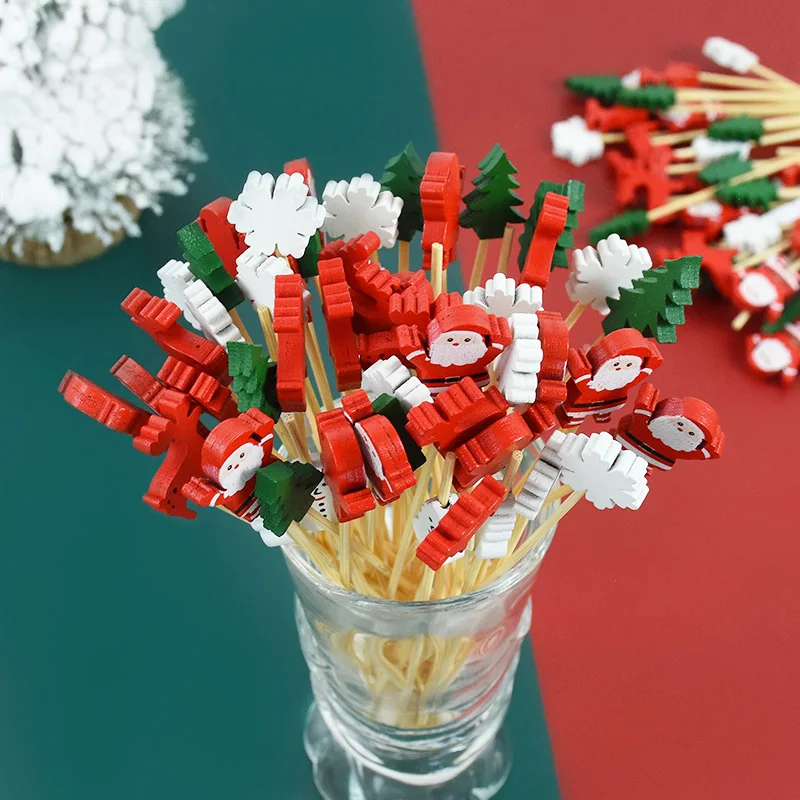 50/100Pcs Einweg Weihnachten Bambus Essen Picks Zahnstocher Santa Elch Dessert Buffet Obst Salat Sticks Weihnachten Party Decor – Detail 3