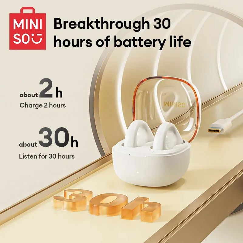 오리지널 Miniso MCT09 TWS 하이 퀄리티 이어클립 이어폰, 긴 내구성 방수 스포츠 이어버드, HiFi 사운드 음악 헤드폰