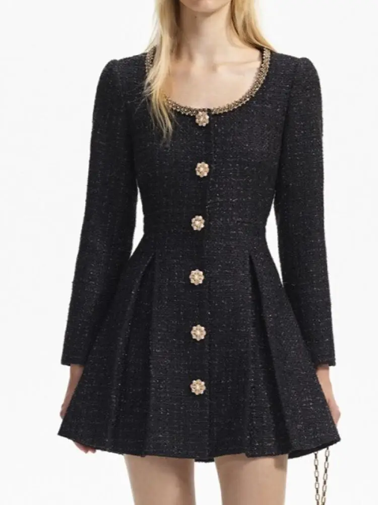 

Women Black Tweed Dress Rhinestone Decoration O-Neck Long Sleeve Elegant Spring 2024 Mini Robe