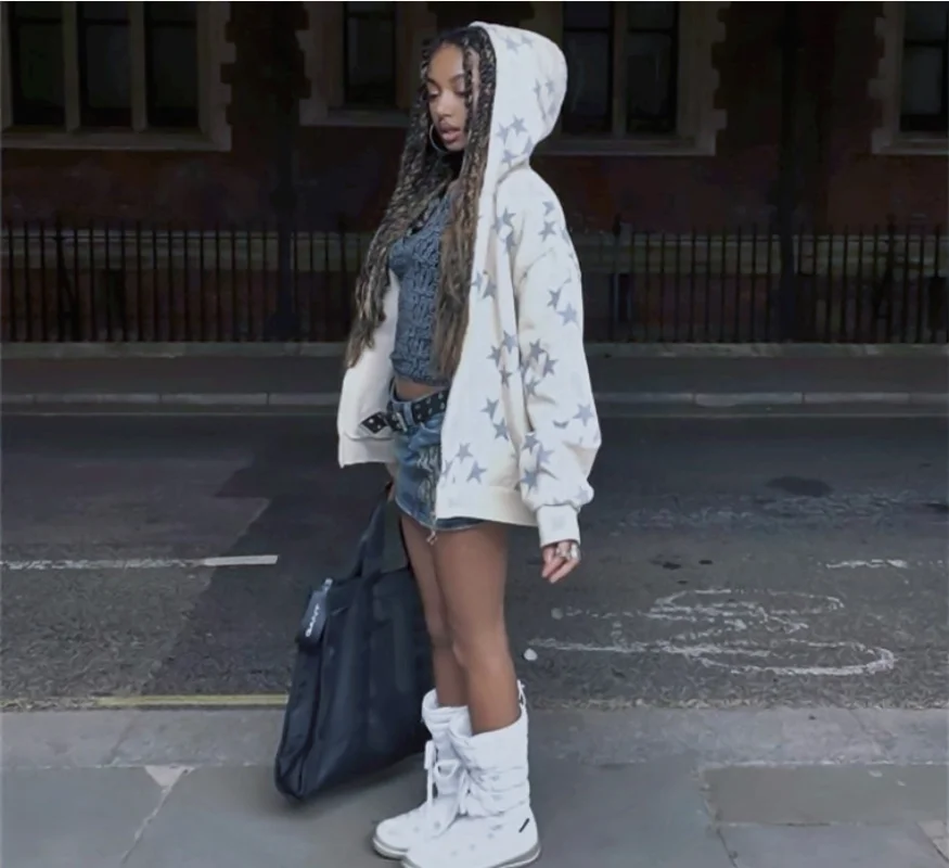 Women Vintage Star Print Hoodies Fashion Casual Zip Up Long Sleeve Loose Jacket Coats Men Hooded Sweatshirts Streetwear 2023