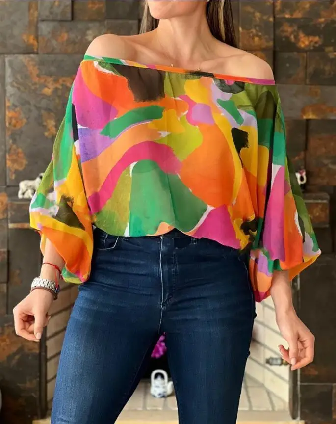 

Women Blouse 2024 Off Shoulder All Over Print Lantern Sleeve Top Daily commuting Colorful Blouses Fashion Women's Clothing