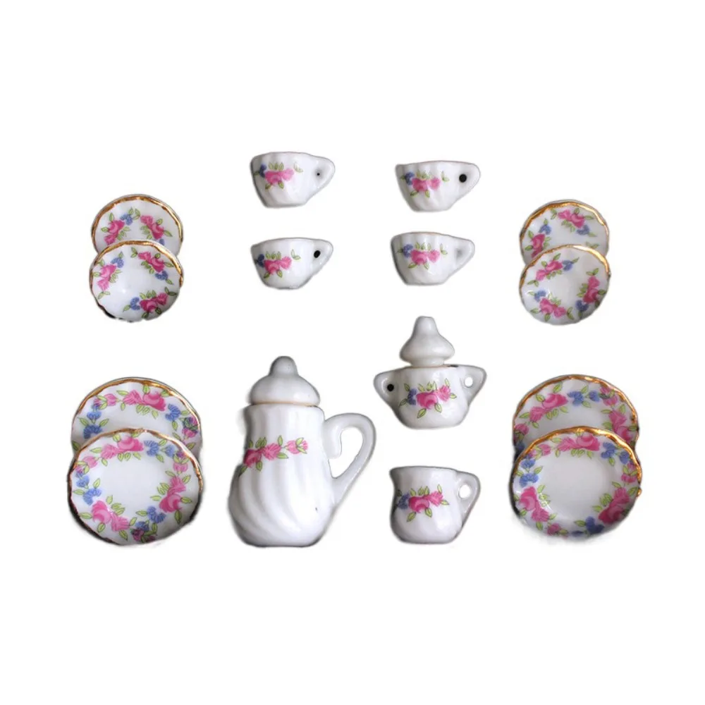 Ceramic Dollhouse Miniature Tea Set Kettle Tray Doll House Cup Model Set Tableware Flower Miniature Porcelain Tea Cup Set