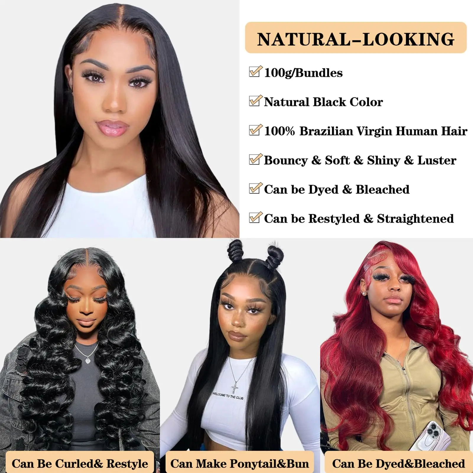 Straight Bundles Human Hair Extensions Silky Straight Brazilian Human Hair Weave Natural Color #1B One Bundle 100g/pc For Women