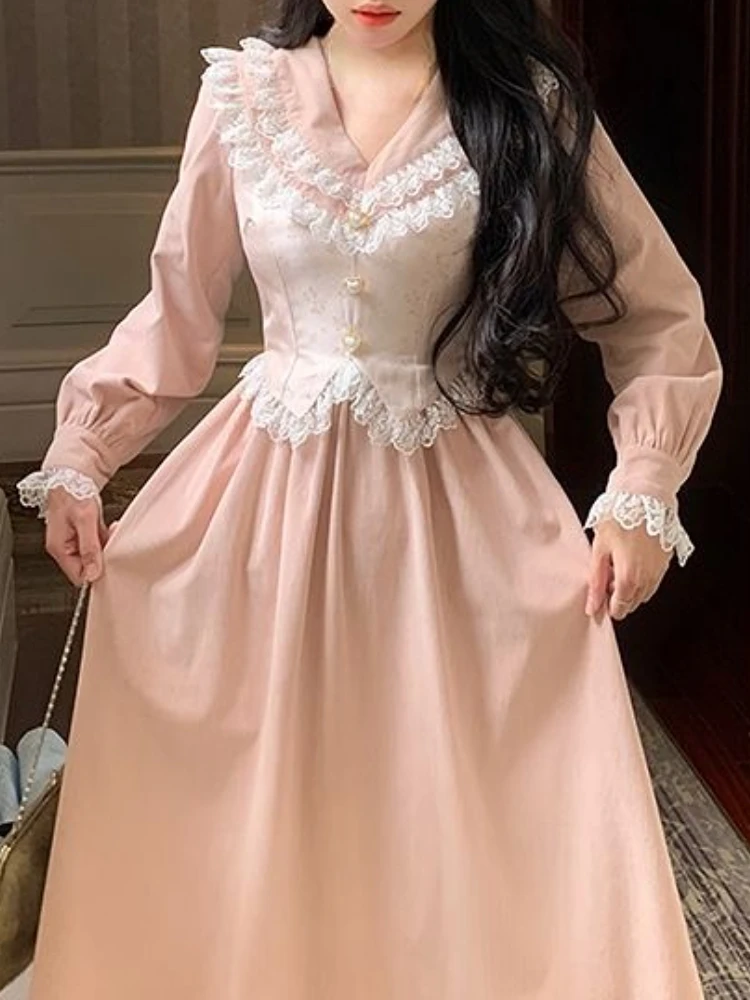 

French Pink Vintage Dress Lace V-neck Puff Sleeve Courtly Style Elegant Women Long Dress Women Princess Fake Two Pieces Dress