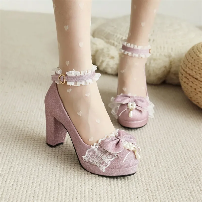 Mary Janes Shoes Girls Party Sweet Lolita Daughter Gold Silver Purple Ankle Buckle Fashion Platform Callant Pumps 2023 sliver gold fashion crystal flower lolita style bling sequins child ankle boots low heels party wedding girl shoes 2023