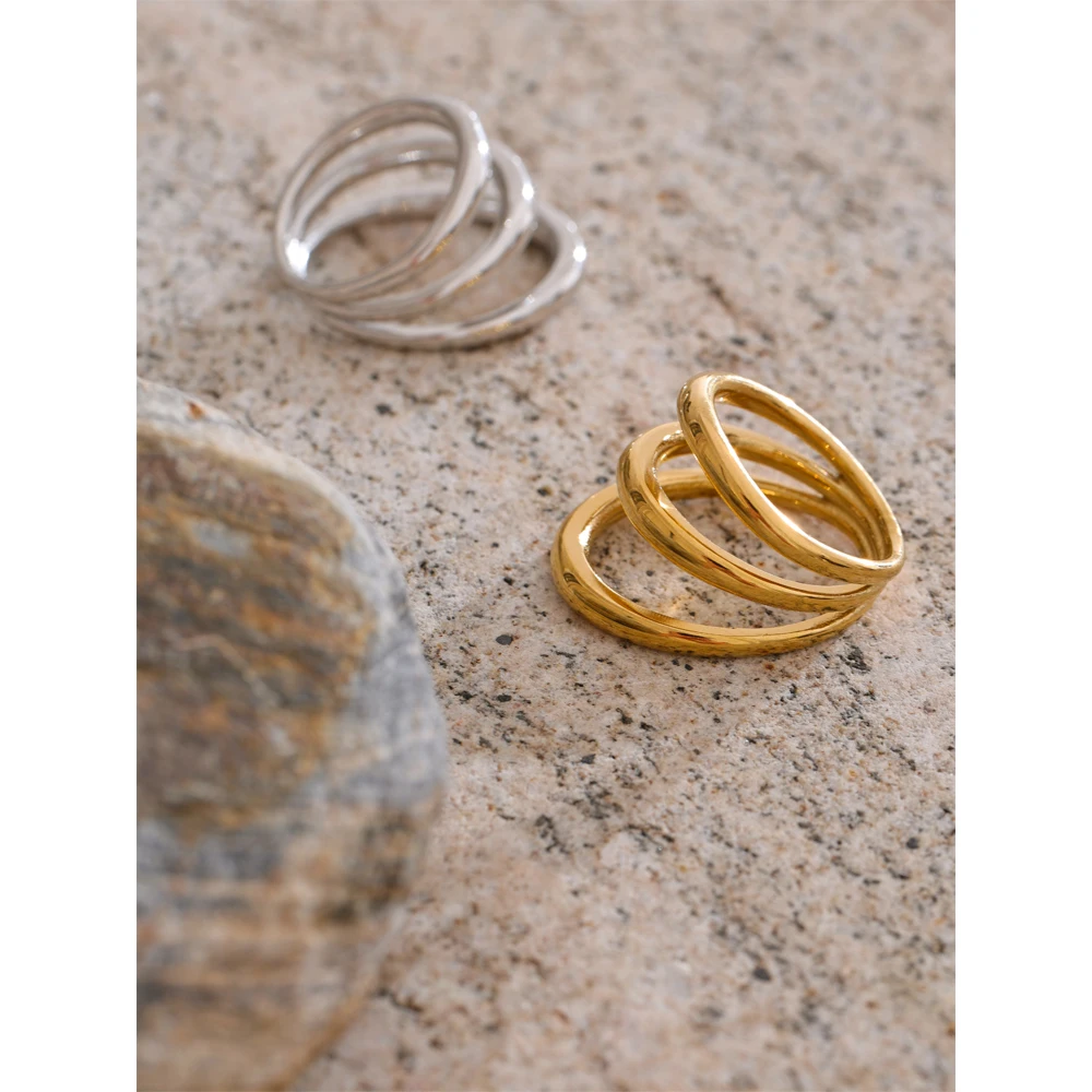Yhpup Distinctive Stainless Steel Layered Geometric Finger Ring
