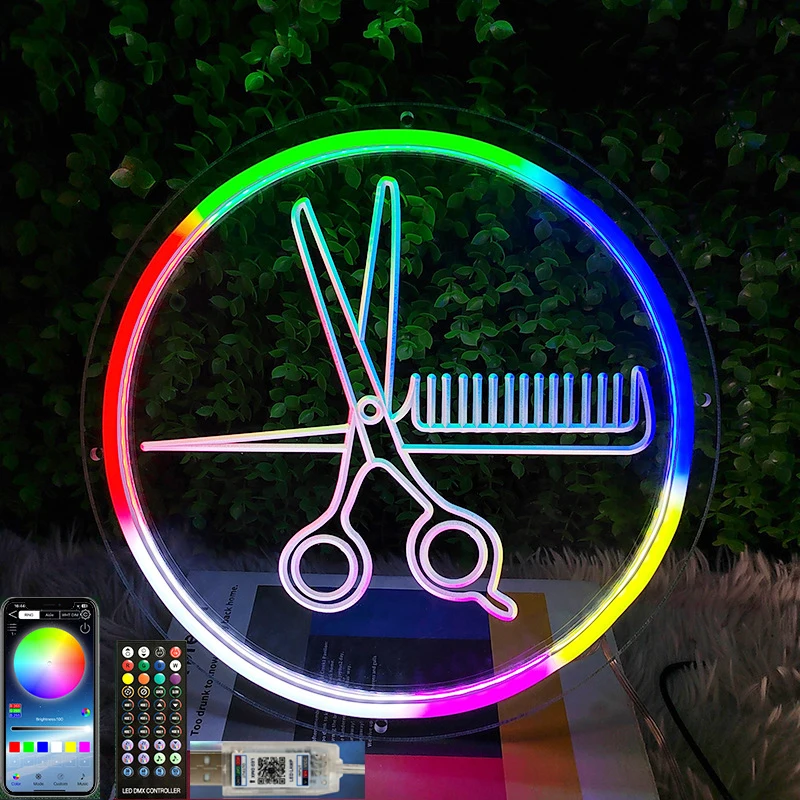 

Bluetooth RGBIC Scissors Neon Led Signs Beauty Hair Salon Barber Shop Neon Light Up Sign Room Decor Wall Hanging For Barber Shop