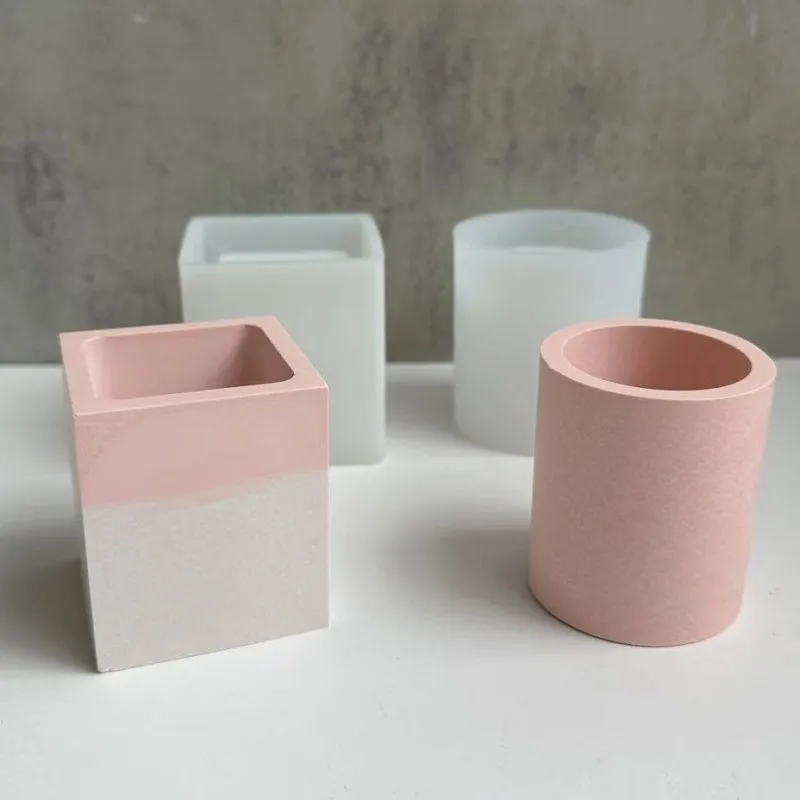 Concrete Square Vase Silicone Mold Round Flower Pot Handmade Plaster Epoxy Resin Pen Holder Cast Home Decoration Candle Cup Mold