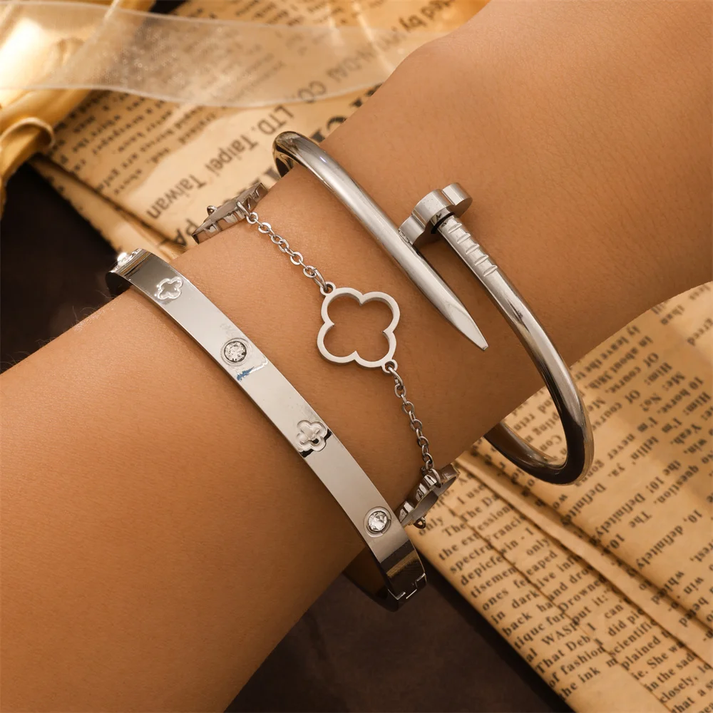3pcs/2pcs Stainless Steel Four-Leaf Clover Stacked Bracelets Set 18K Gold Plated Couple Jewelry Lucky Charm Holiday Gift 4