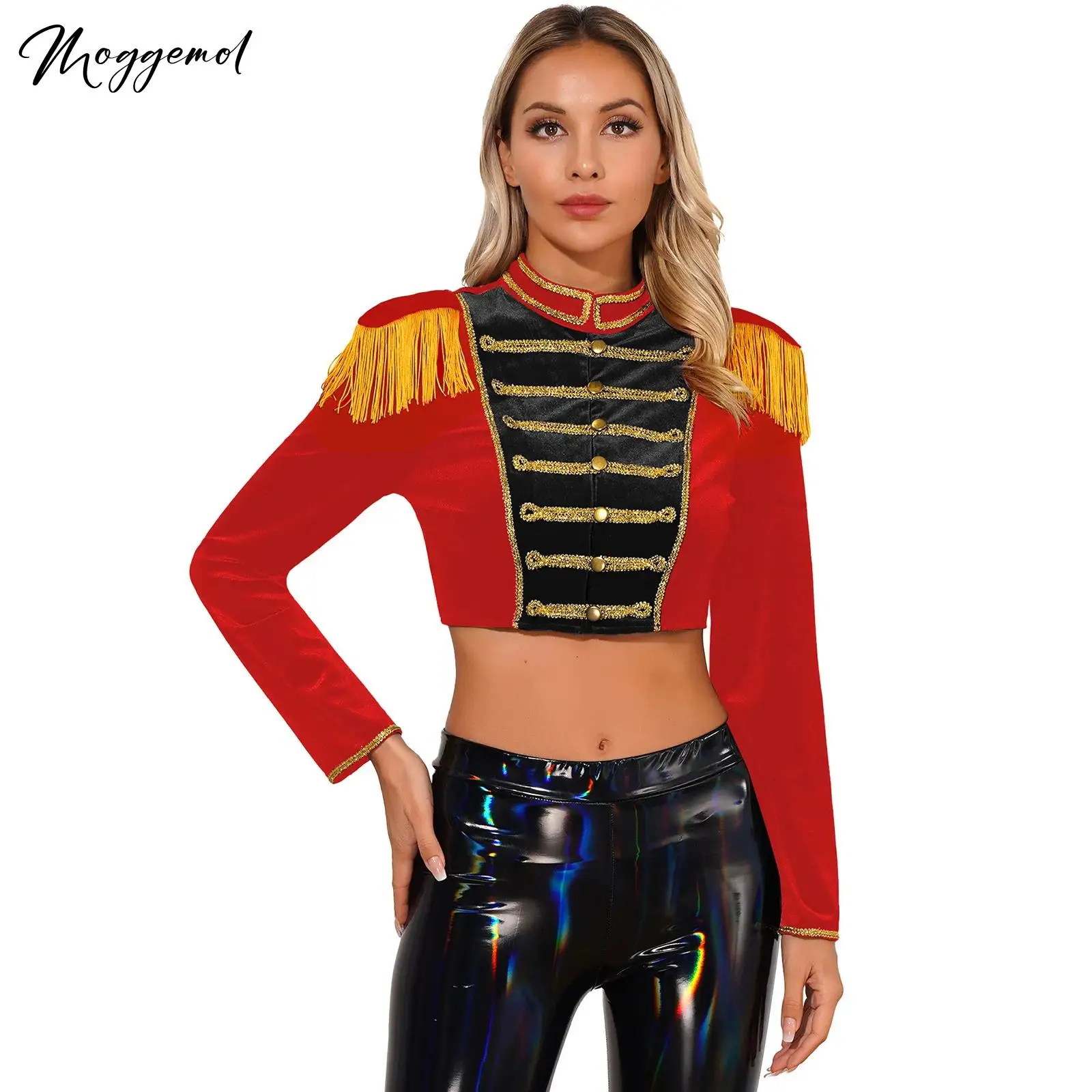 

Womens Circus Ringmaster Jacket Costume Halloween Party Cosplay Top Stand Collar Fringed Shoulder Board Long Sleeves Velvet Coat