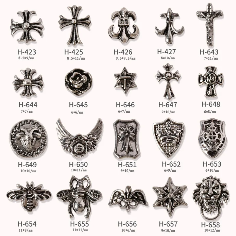 20PCS/Nail Retro Alloy Accessories Punk Style Cross Army Flower Hex Star Nail Metal Diamond Accessories nail art decorations