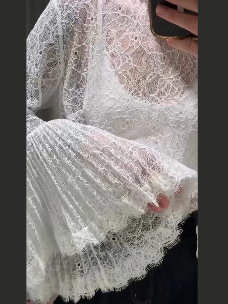 Transparente Spitze Flare Sleeve Shirts Frauen Sexy Aushöhlen Lange Ärmel Spitze-Up Durchsichtig Solide Tops Charming Damen partywear – Detail 19