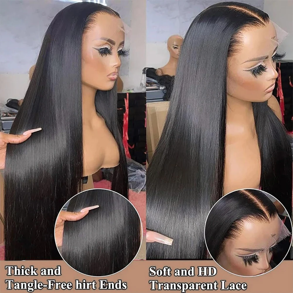 Silky Straight Lace Front Wigs Human Hair 200% Density 26 Inch Human Hair Wig for Women Natural Black HD Transparent Lace 3