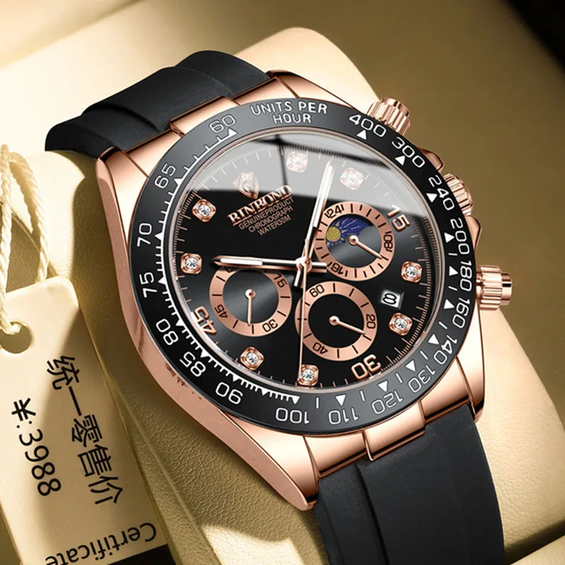 

BINBOND Brand Men's Business Quartz Watch Silicone Strap Diamond Calendar Clock Fashion Student Sports Large Dial Wristwatch