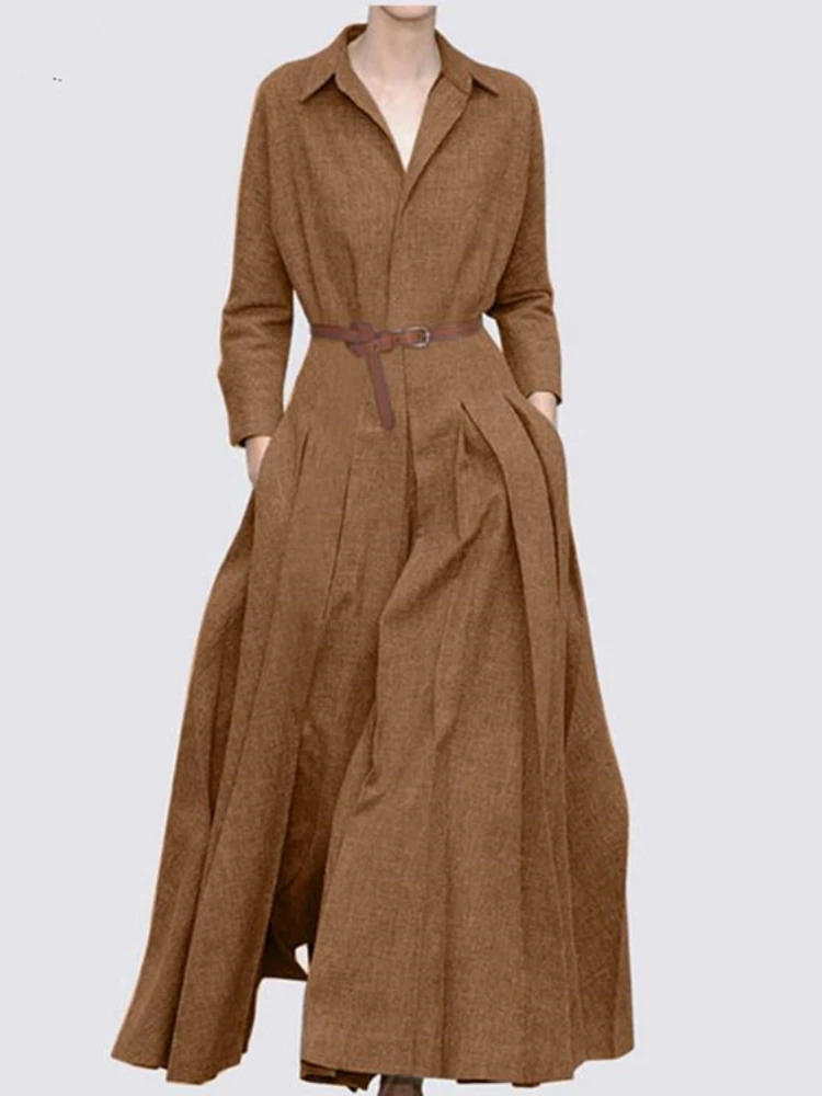 

New 2023 Spring Summer Women's Long Skirt Fashion Long Sleeve Lapel Pleated Dress Office Lady Solid Color Dress for Women Robe