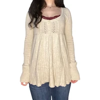 2000s Vintage Long Sleeve Babydoll Knitted Sweater Tops Cottage Milkmaid Pullovers Aesthetic Grunge Y2k Knitwear T-shirts Women - Image 3