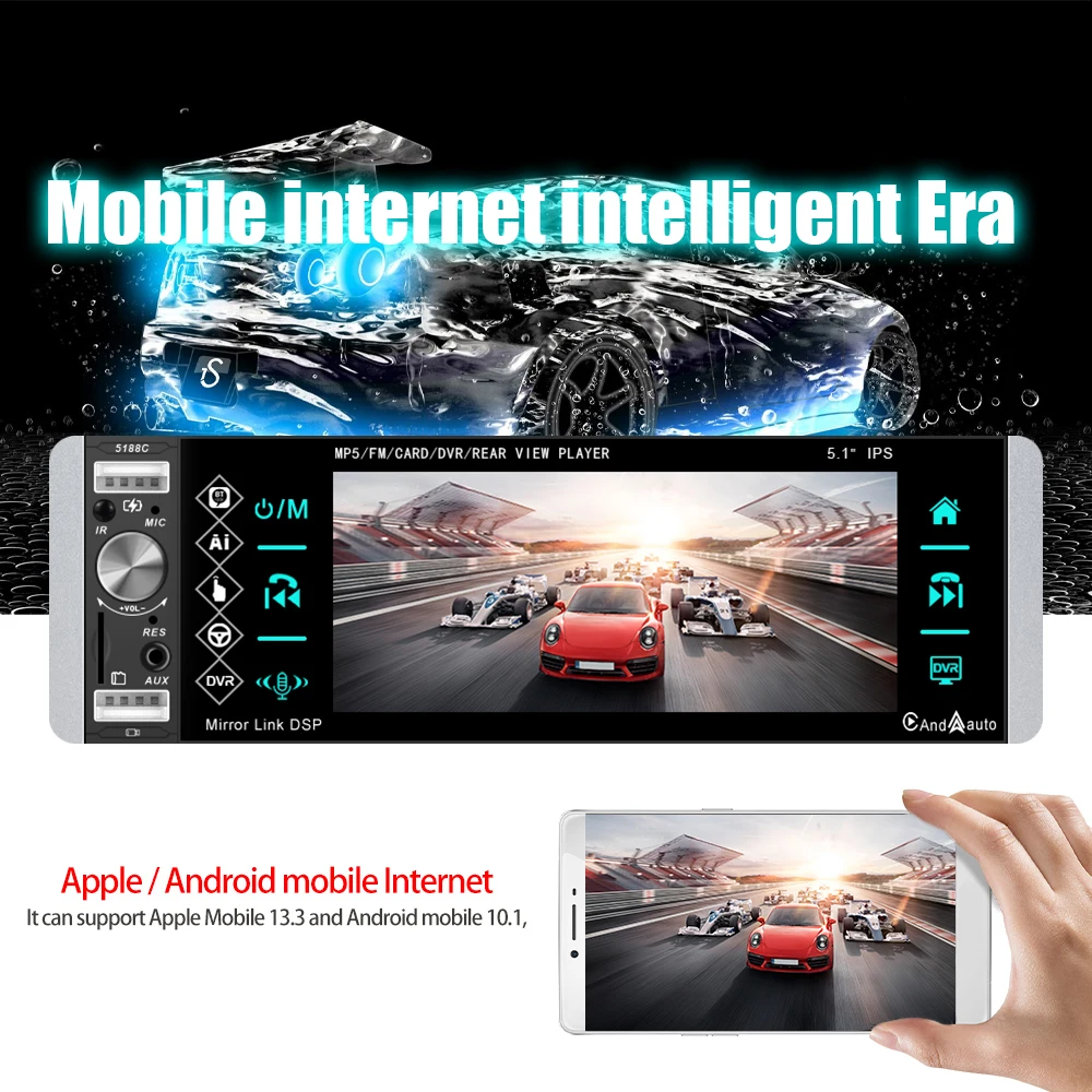 Car MP5 Player Single DIN HD 5.1Inch IPS Touch Screen Car Stereo Radio  3USB/FM/AUX Support IOS Carplay/Android Auto Link/Vedio  out/MIC/Subwoofer/Voice Control 