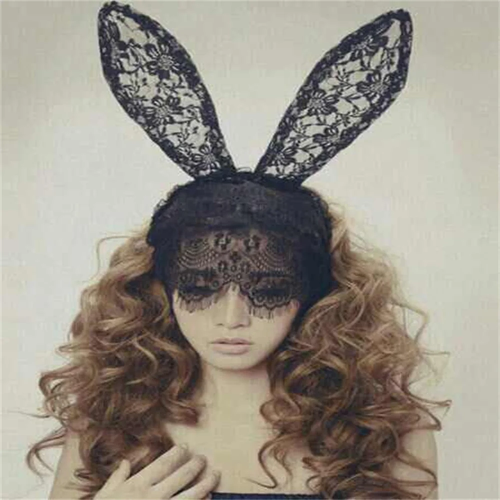 Women's Lace Rabbit Ears Hair Hoop Lace Eye Mystery Mask Nightclubs Masquerade Party Headwear 1pcs