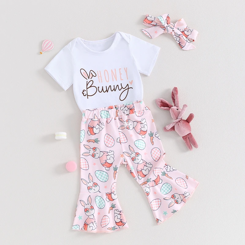 

My First Easter Baby Girl Outfit Honey Bunny Romper Top Bunny Flare Pants Set Infant Clothes