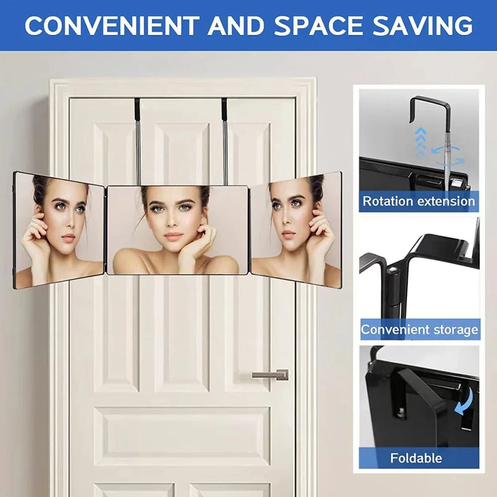 Retractable Hanging Three-sided Folding Makeup Mirror Men's Tri-folding Mirror Shaving Hairdressing