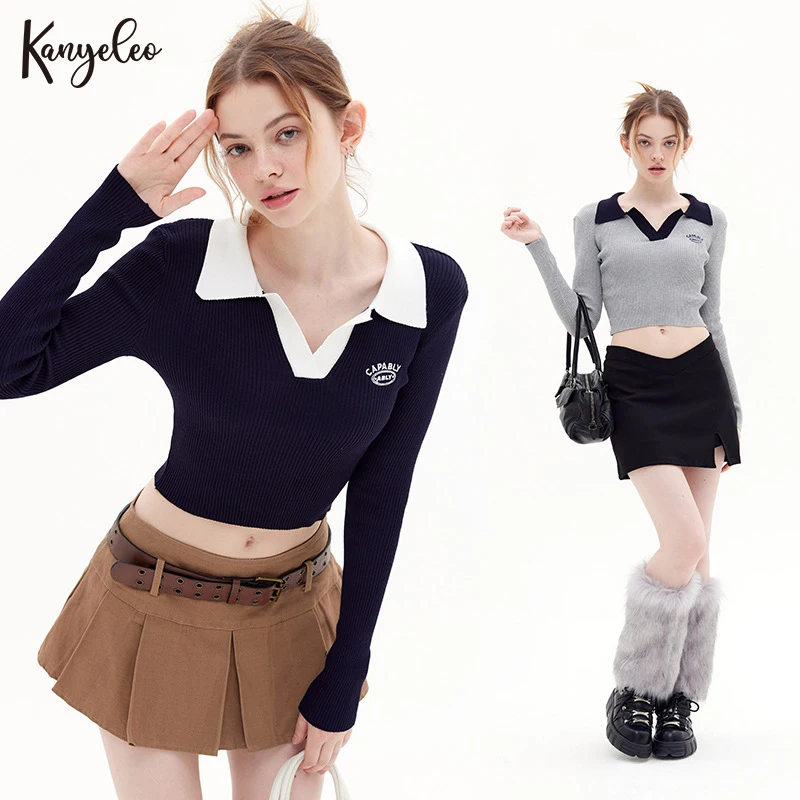 

KANYELEO Slim thin knitted long-sleeved T-shirt color collision lapel blouse girls autumn versatile bottoming shirt tide