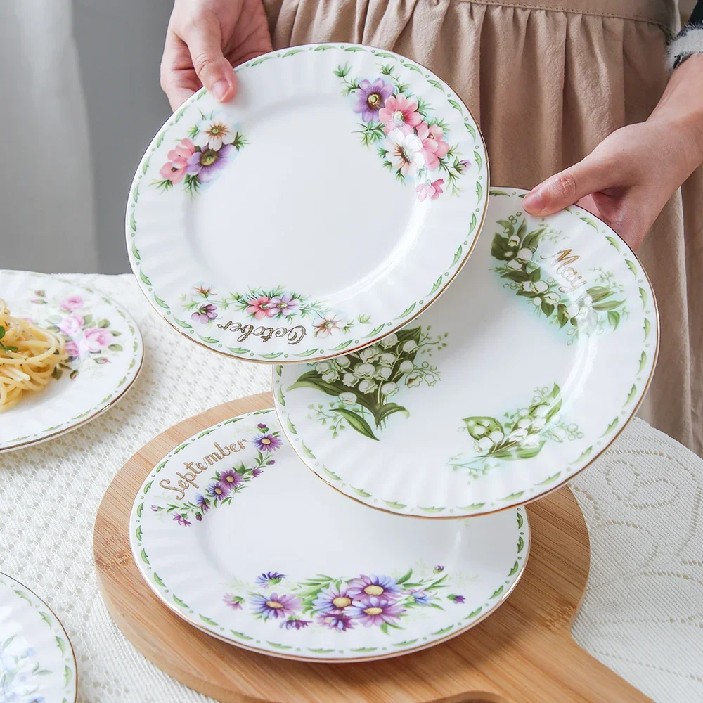 

European retro flower gold rim dinner plate, bone china, food plate, salad plate, dessert tableware, kitchen plate