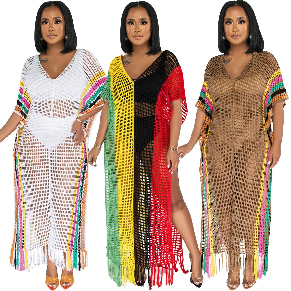 

AOSKM2023 CM8667 New Summer Ladies Sexy Wool Knit Long Skirt Hand Hook Tassels, Color Matching Beach Skirt