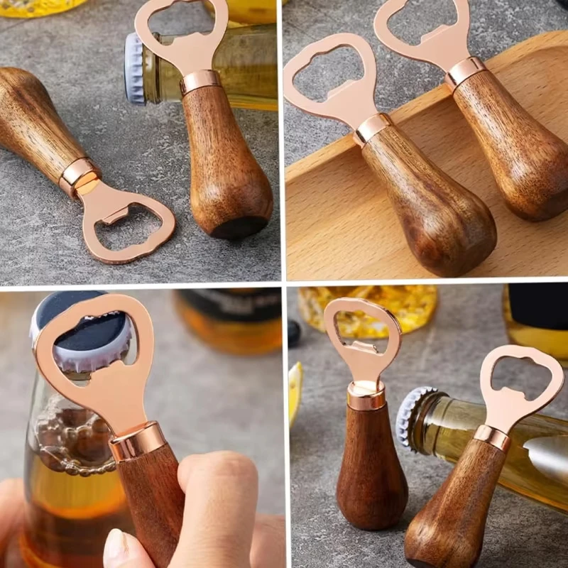 2/4Pcs Beer Bottle Opener Creative Wooden Handle Opener Portable Stainless Steel Cocktail Drink Cap Opener Bartender Corkscrew