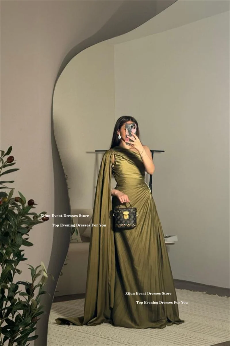 Xijun Green Long Evening Dresses One Shoulder Cape Sleeves Prom Dresses A-Line Pleats Crystal Saudi Arabric Prom Gowns