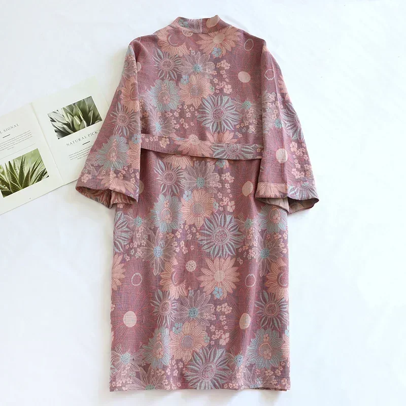 Women Printed Cotton Loose Fitting Bathrobe Japanese Style Tie Up Kimono Sweat Steaming Pajamas Robes